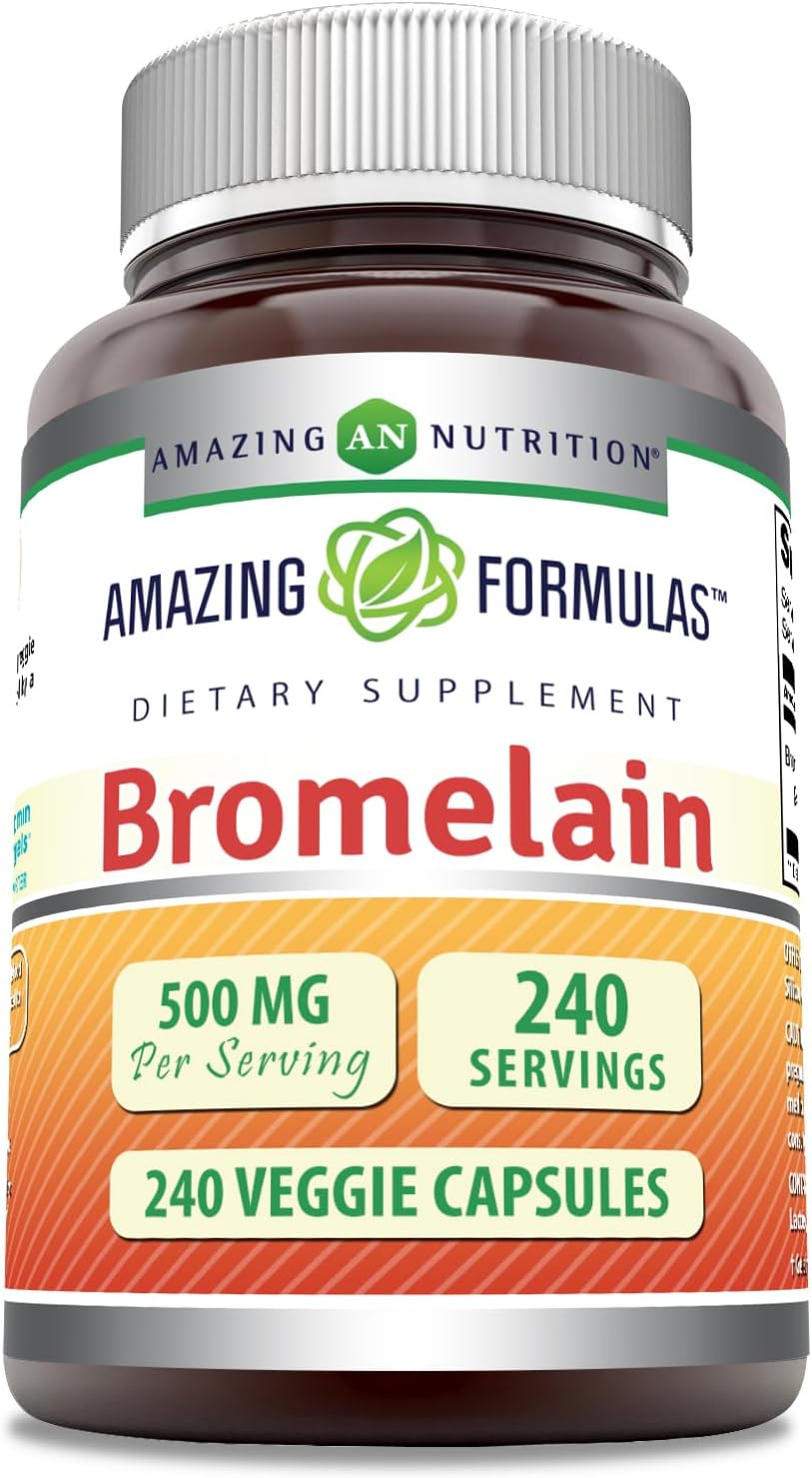 Amazing Formulas Bromelain 500mg 2400 GDU, cápsulas vegetarianas  Sin OMG  Sin gluten  Fabricado en Estados Unidos  Ideal para vegetarianos (240