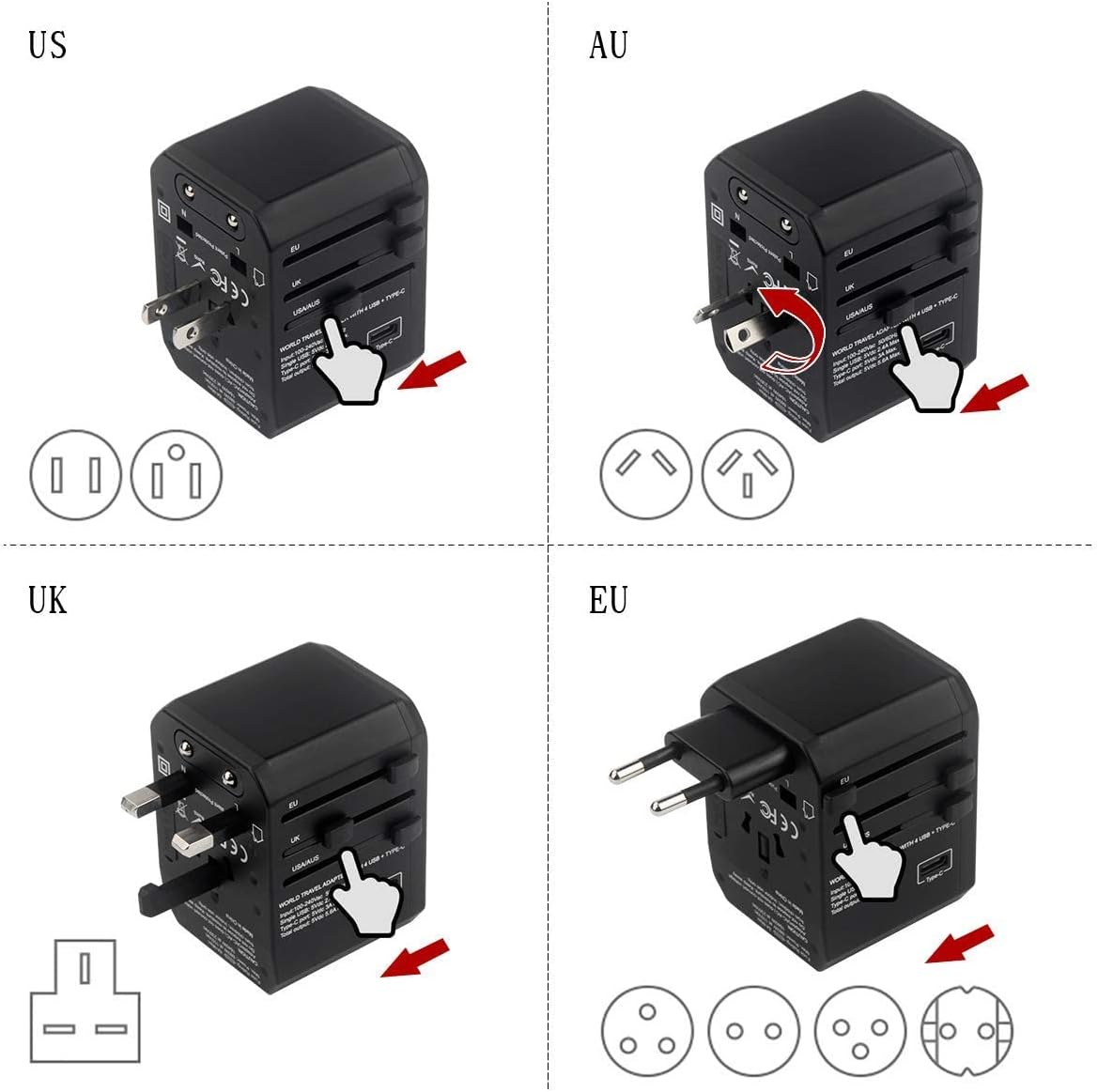 Adaptador de viaje universal, adaptador de corriente internacional de carga rápida hyleton con 4 puertos USB y 1 tipo C, adaptador de enchufe de