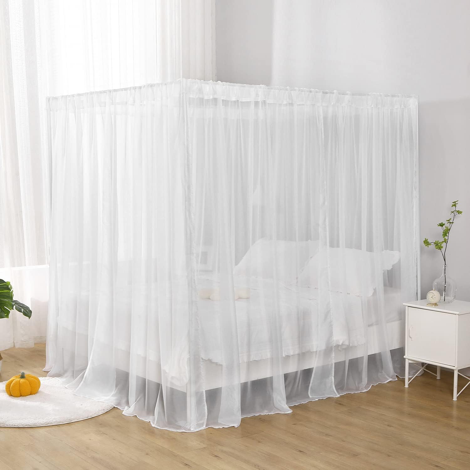 Cortina de cama blanca para cama individual, bufanda suave para niñas y adultos (individual, blanco)