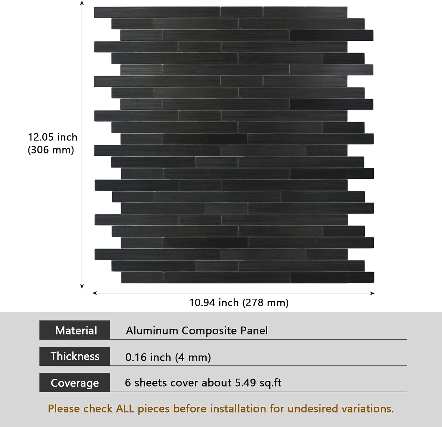Azulejo de metro lineal para salpicaduras de pared de color negro, superficie de metal de aluminio autoadhesiva, azulejos de pared para cocina y
