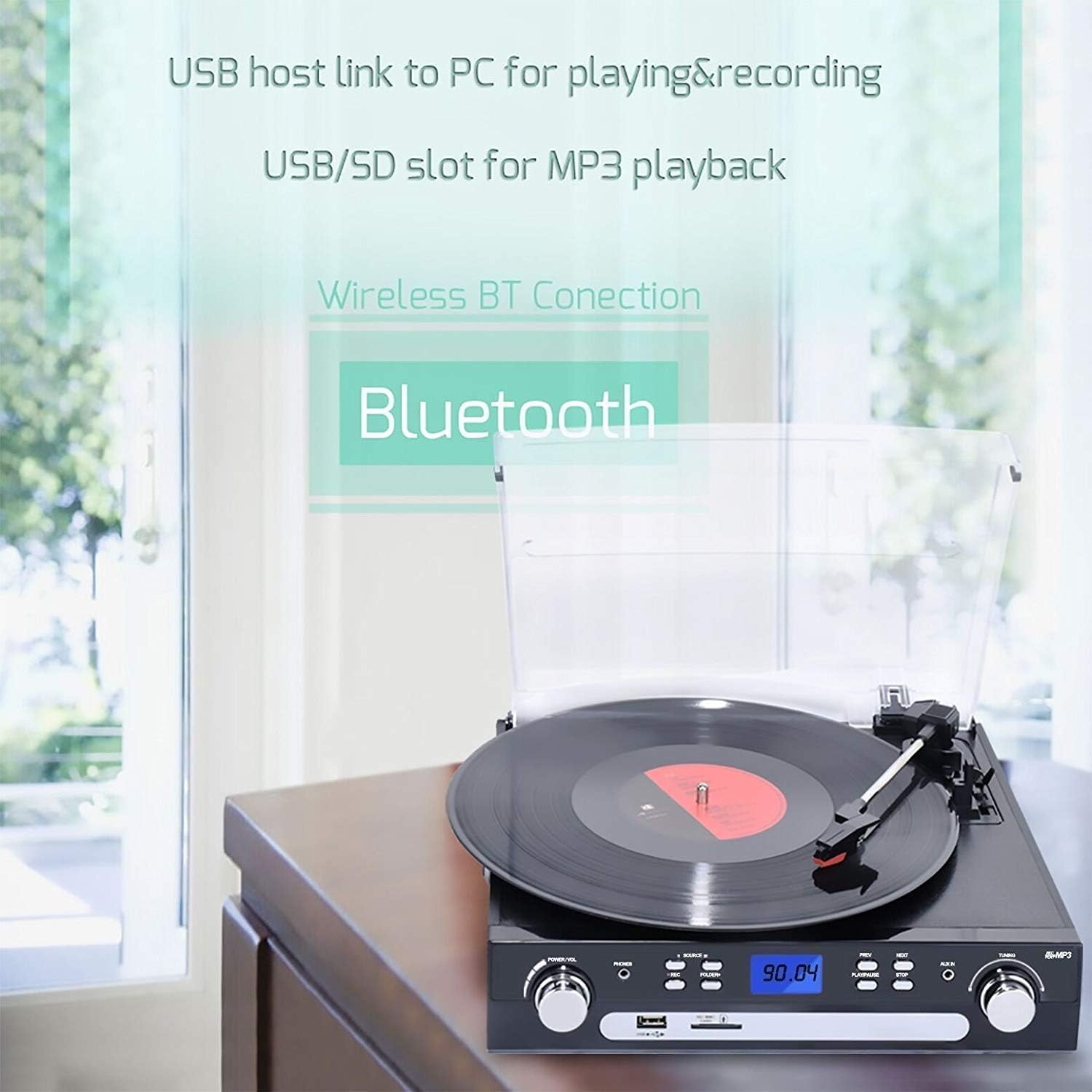 Tocadiscos de vinilo a MP3, conectividad Bluetooth con altavoces estéreo, reproducción de cassette, radio AMFM, control remoto, codificación USBSD