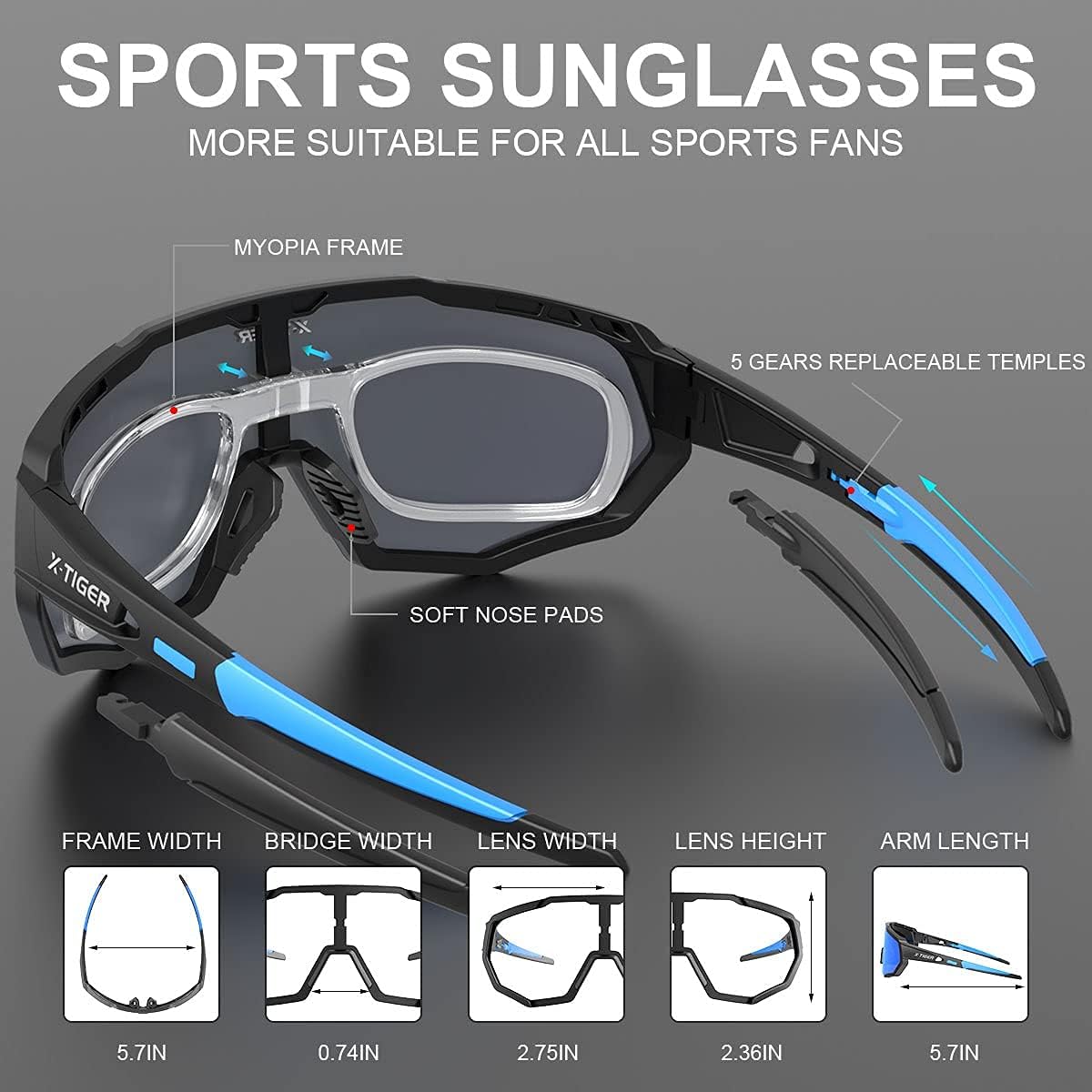 X-TIGER Gafas de sol deportivas polarizadas con 5 lentes intercambiables, lentes de ciclismo para hombre y mujer, béisbol, correr, pesca