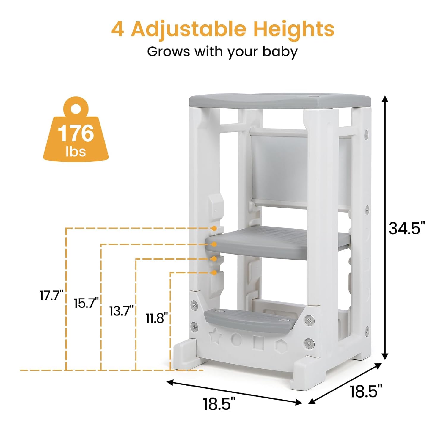 Taburete de cocina para niños con pizarra blanca, torre para niños pequeños con 4 alturas ajustables y riel de seguridad, taburete de aprendizaje