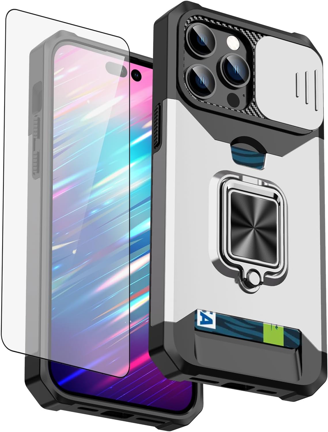 Asuwish Funda compatible con iPhone 15 Pro de 6.1 pulgadas y protector de pantalla de vidrio templado, soporte para tarjetas, funda híbrida para