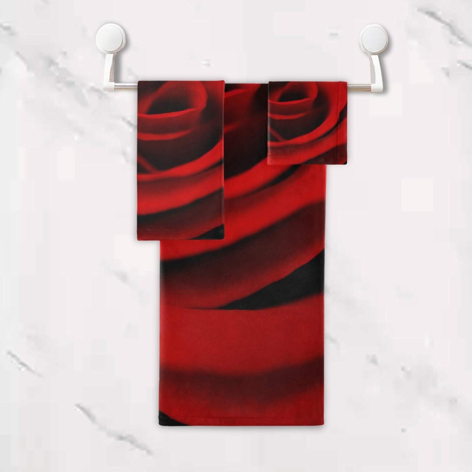 Qilmy Juego de 3 toallas de baño con diseño floral de rosas rojas vívidas para cara, absorbente a mano, patrón de flores para gimnasio, baño, hogar,