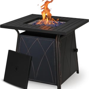 PHI VILLA Mesa para fogata de gas de 28 pulgadas, 50000 BTU cuadrada para exteriores con tapa y vidrio azul para patio, patio trasero y jardín, PHI VILLA Mesa para fogata de gas de 28 pulgadas, 50000 BTU cuadrada para exteriores con tapa y vidrio azul para patio, patio trasero y jardín,