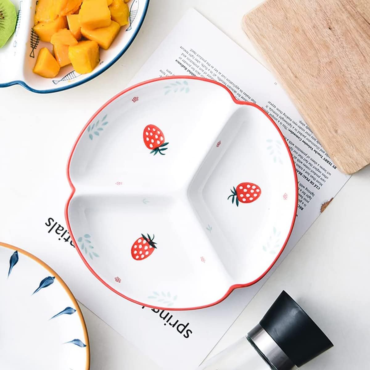 Plato de cerámica para control de porciones, platos divididos para platos de postre, platos llanos para aperitivos, plato de ensalada, bandejas para