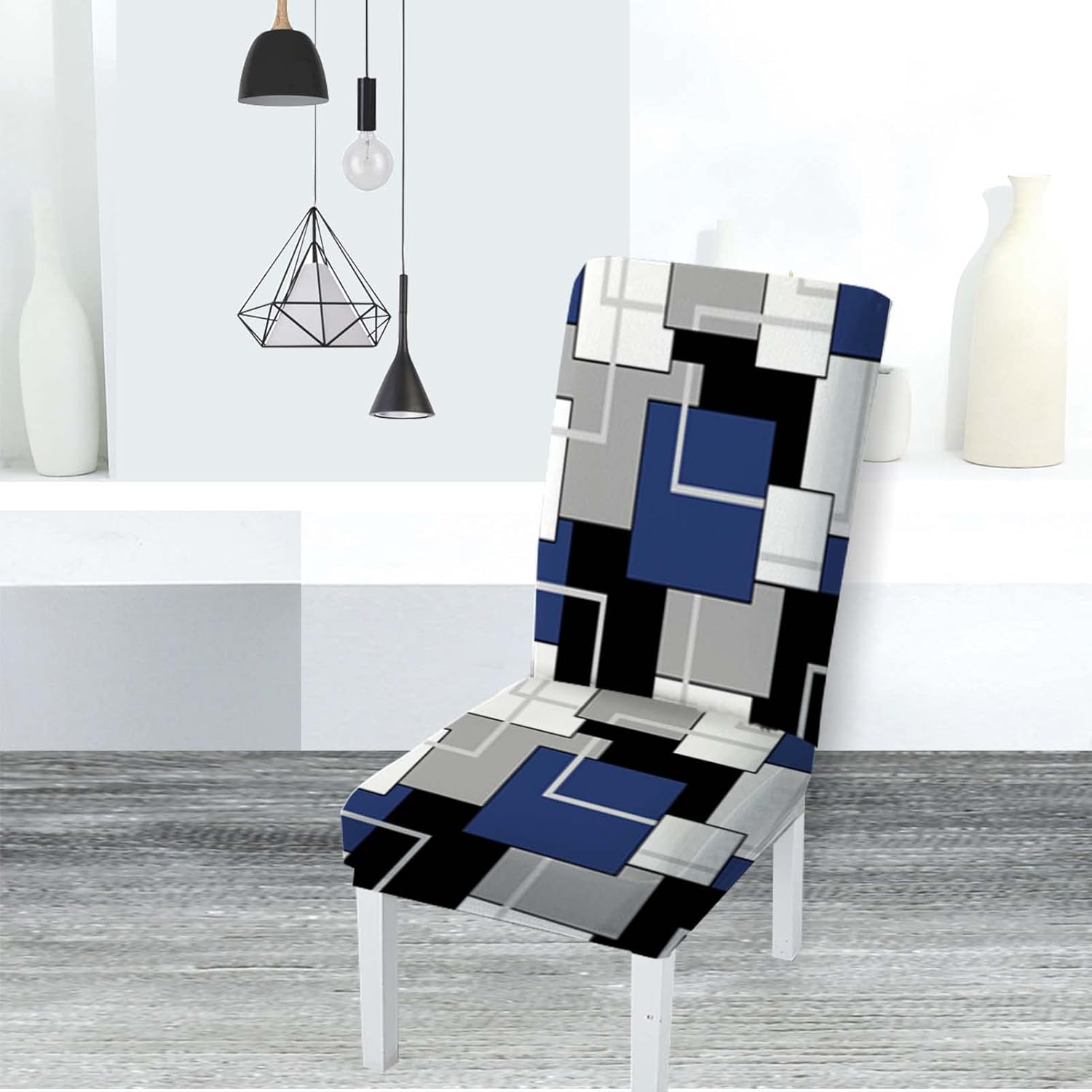 MCALK Juego de 4 fundas geométricas para sillas y camino de mesa, fundas elásticas color azul marino para cocina, protector de silla lavable