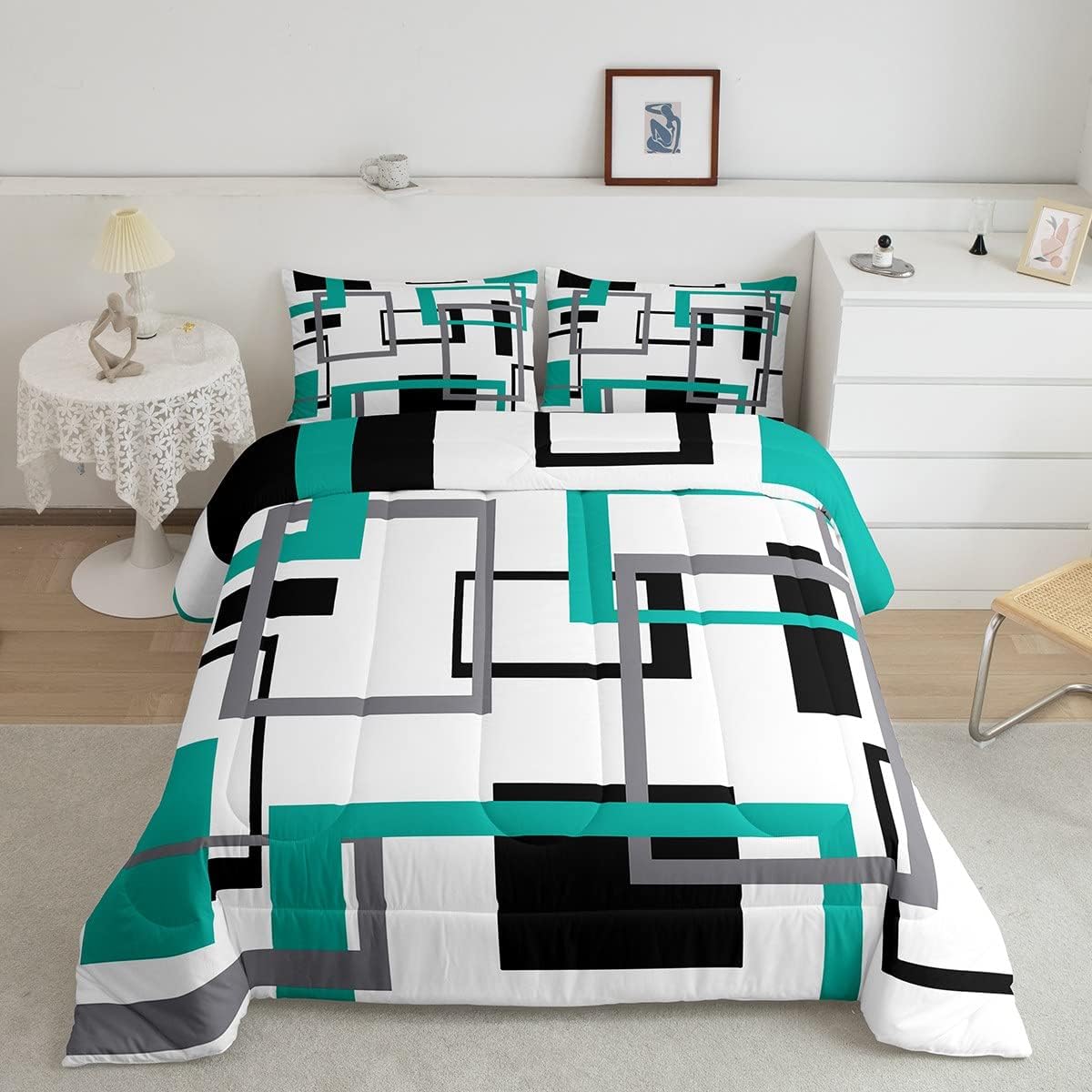 Erosebridal Juego de edredón cuadrado para adolescentes y jóvenes, juego de ropa de cama negro, blanco y azul, juego de edredón geométrico moderno