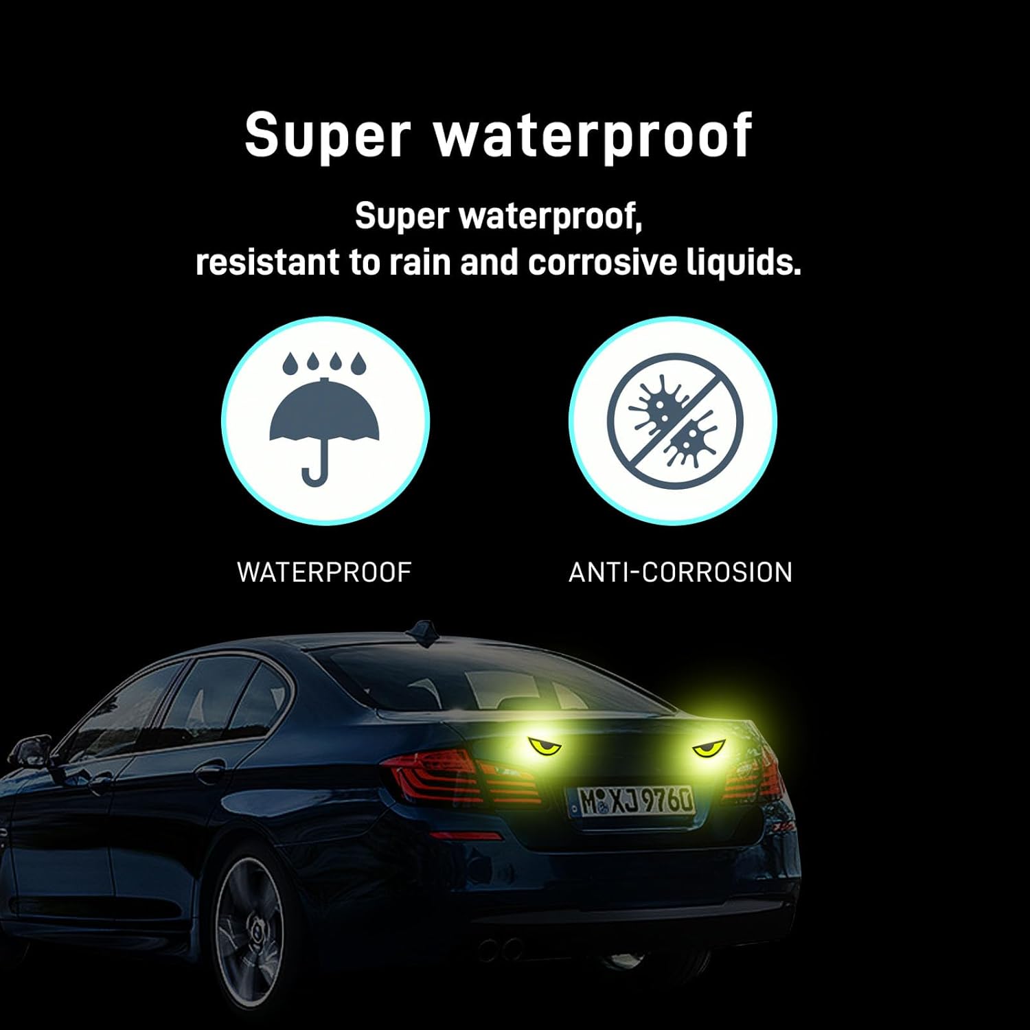 Thcbme Paquete de 2 calcomanías reflectantes para automóvil, diseño de ojo amarillo nocturno, seguridad nocturna, calcomanías de precaución para
