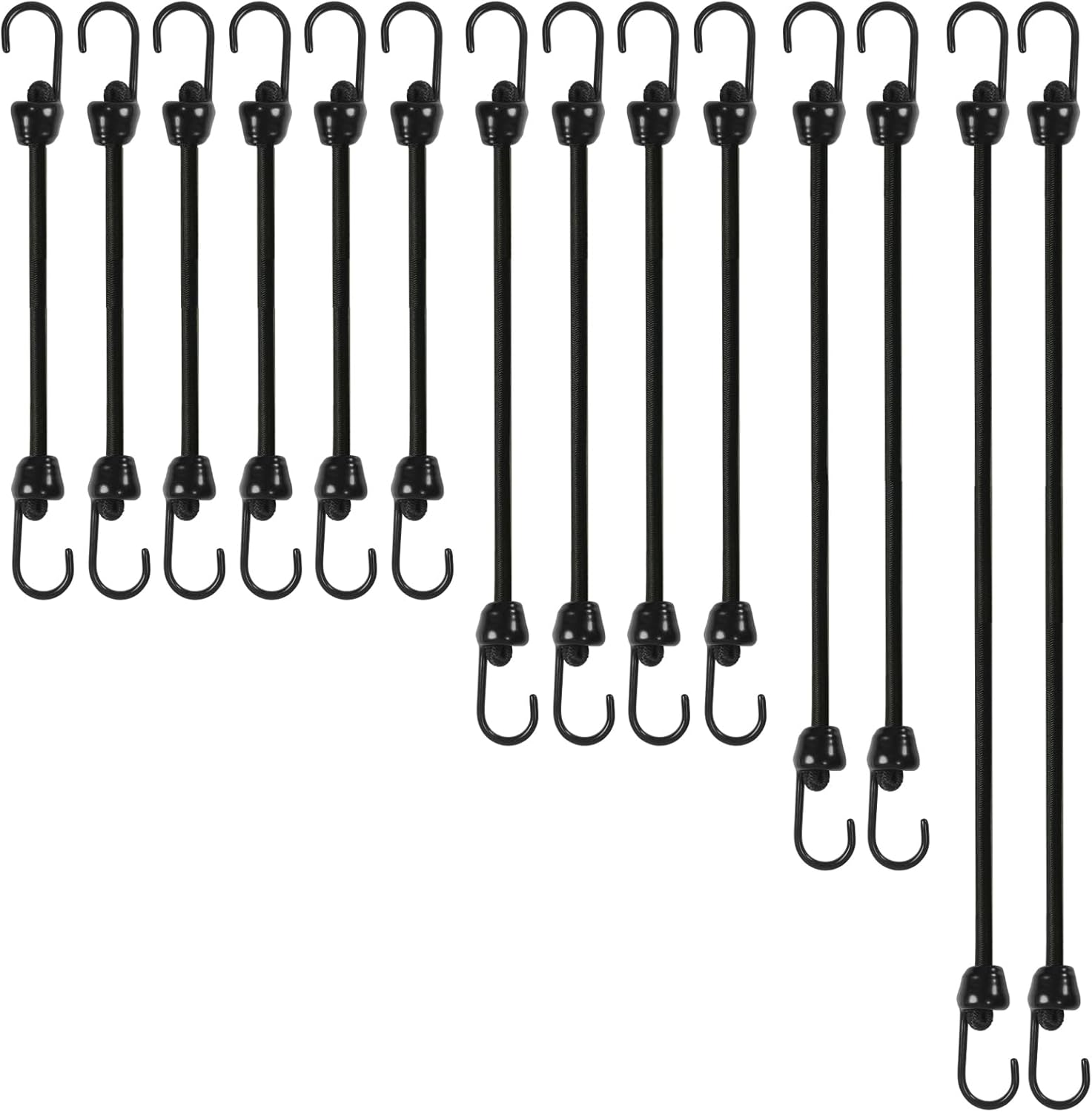 Cuerdas elásticas pequeñas con ganchos de varios tamaños de 12 pulgadas, 18 pulgadas, 24 pulgadas y 36 pulgadas de largo, ganchos de metal con