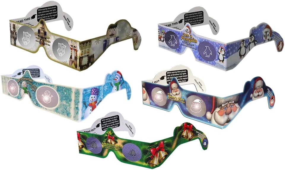 Paquete variado de 5 pares de gafas 3D de Navidad para 2023, con pingüinos, cascanueces, cascabeles, Papá Noel, muñecos de nieve, listos para usar.