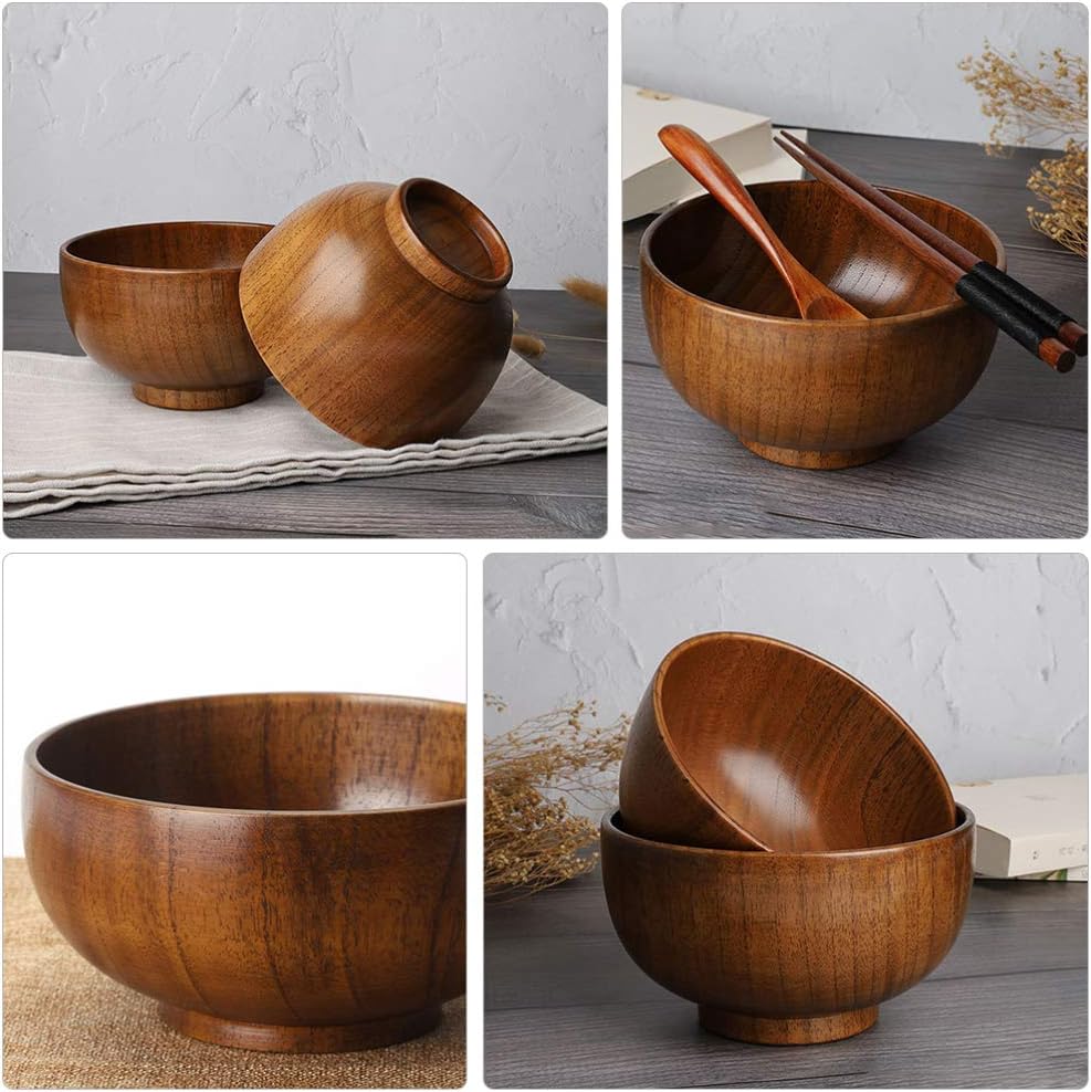 Hemoton Tazón de madera simple de 10X6.5CM Tazón de comida Tazón de madera hecho a mano Tazones de sopa Cuencos de cereales Tazones de arroz Tazones