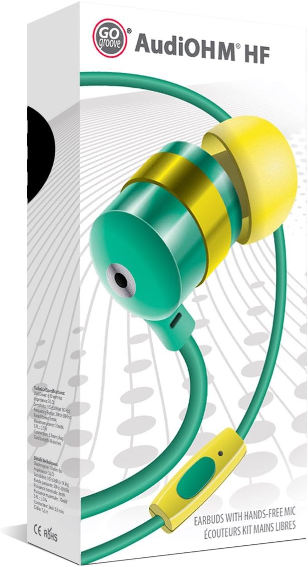 GOgroove AudiOHM – Auriculares HF con micrófono, graves profundos y cómodos geles de oído (verde y dorado), auriculares intrauditivos con diseño de