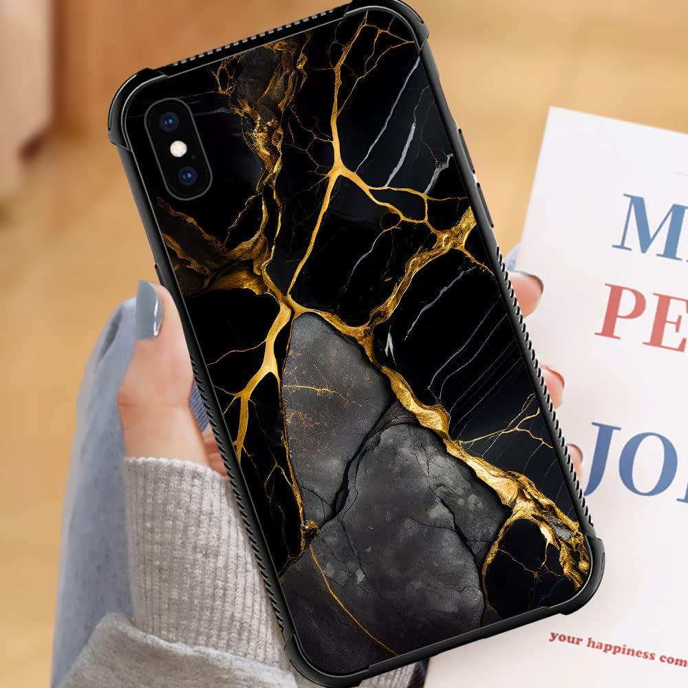 DJSOK Funda compatible con iPhone XR, funda de lujo con patrón de mármol negro y dorado para iPhone XR, funda protectora antiarañazos y a prueba de