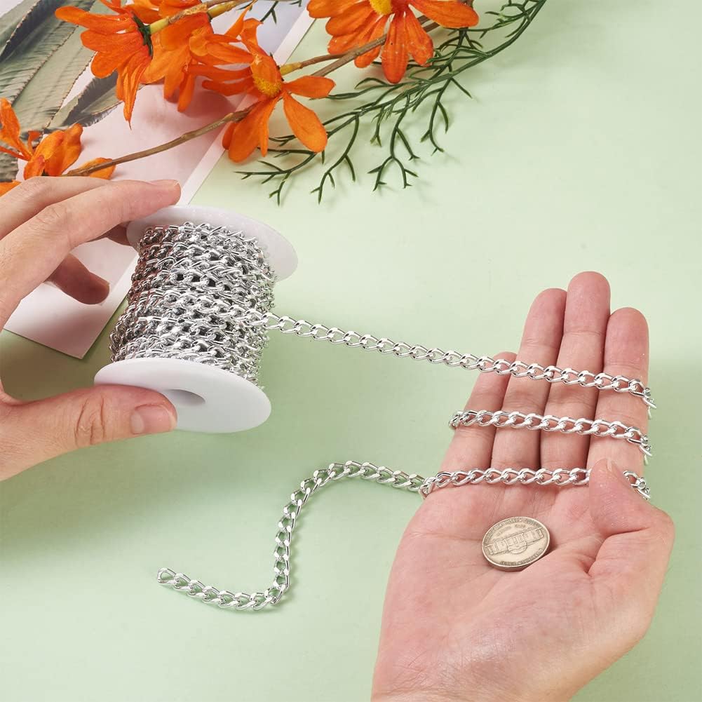 Cadena de eslabones de aluminio de 16.4 pies sin soldar, cadena de eslabones chapada en plata de corte de diamante con carrete de plástico de 0.335