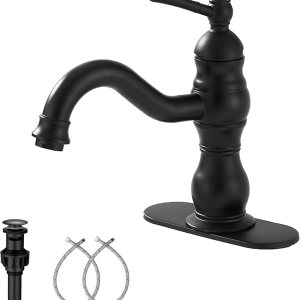 GGStudy – Grifo de baño negro mate giratorio de 360, grifo de tocador de baño de una sola manija, un agujero, grifo de lavabo de baño negro a juego GGStudy – Grifo de baño negro mate giratorio de 360, grifo de tocador de baño de una sola manija, un agujero, grifo de lavabo de baño negro a juego