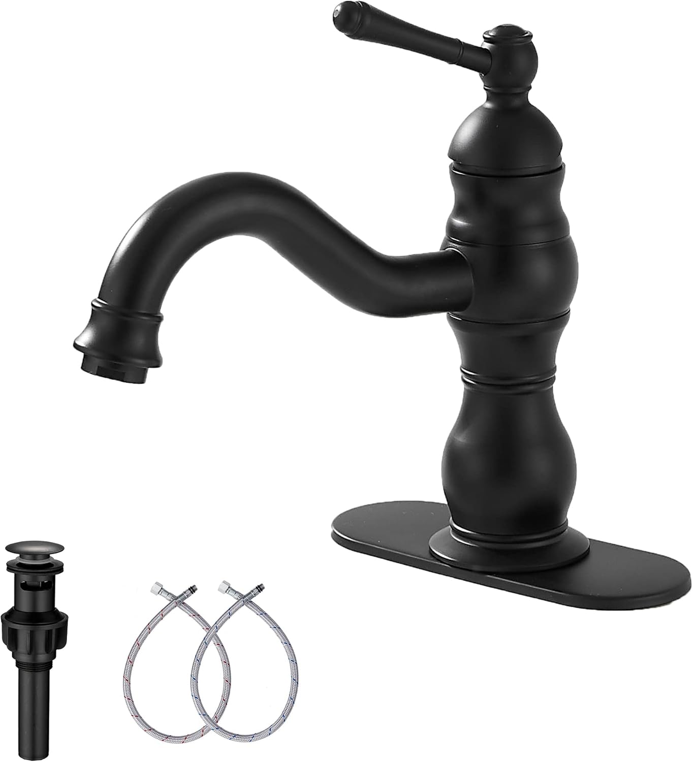 GGStudy – Grifo de baño negro mate giratorio de 360, grifo de tocador de baño de una sola manija, un agujero, grifo de lavabo de baño negro a juego
