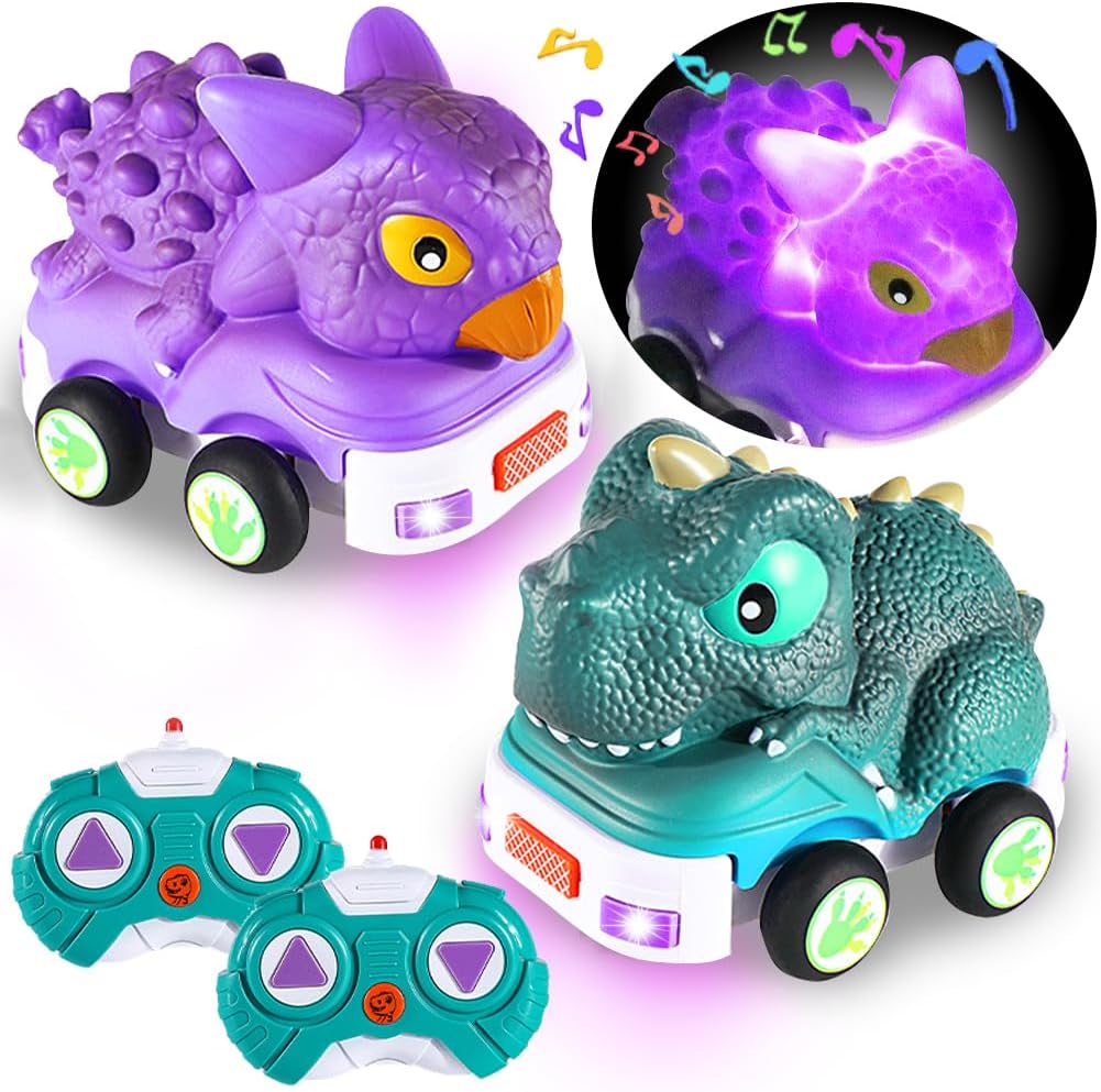 Juguete de dinosaurio a control remoto para niños pequeños, paquete de 2 autos RC de 2.4 GH, juguetes de 3, 4, 5, 6 años, juguetes de dinosaurio con