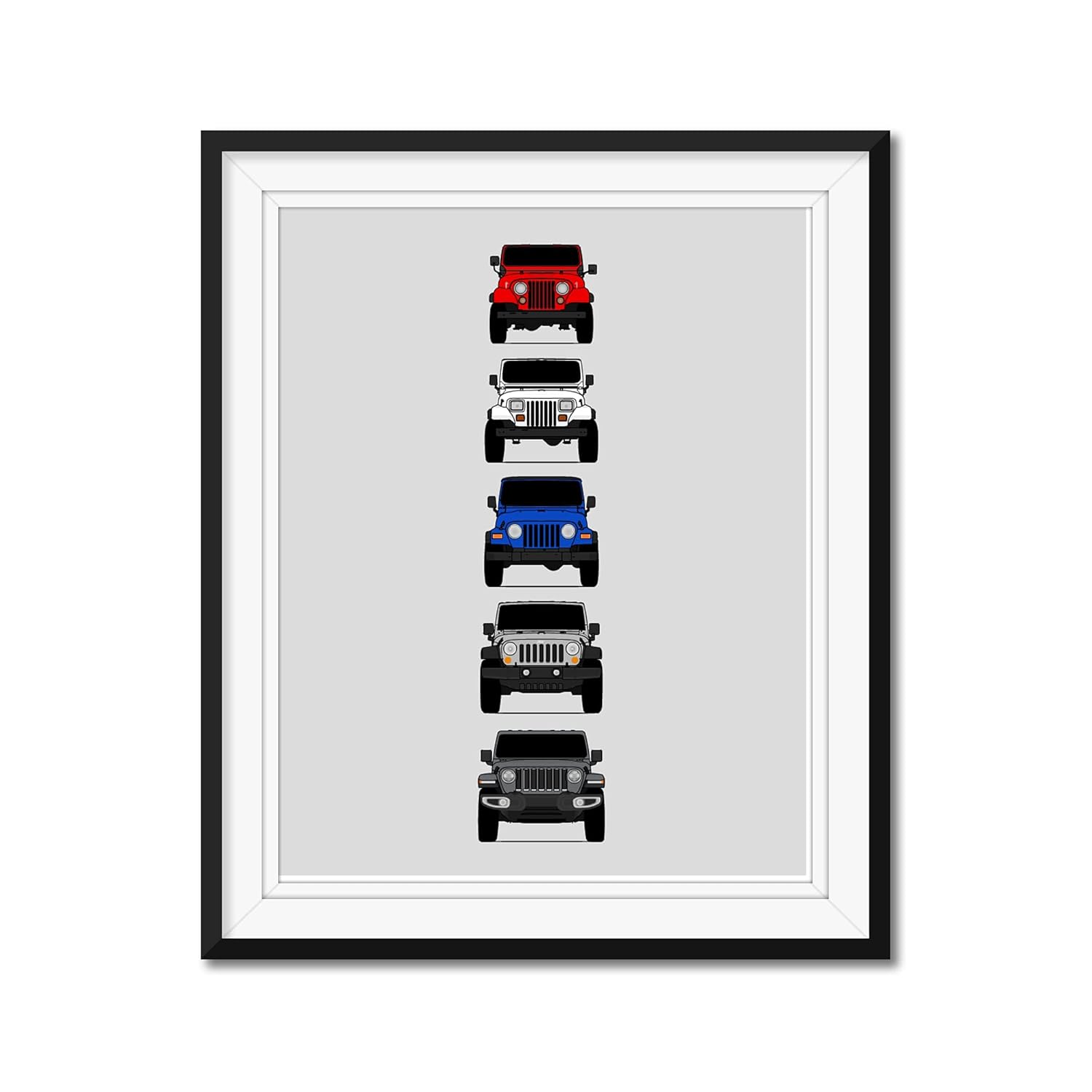 Jeep Wrangler Generations (CJ, YJ, TJ, JK, JL) Inspired Poster Print Wall Art of the History and Evolution of the Wrangler Generations (Unframed)