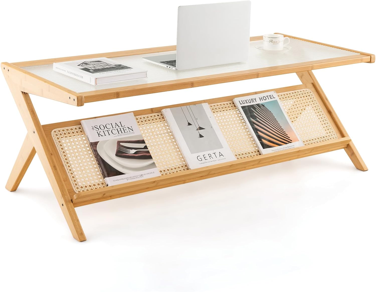 Tangkula Mesa de centro de bambú, mesa central moderna con mesa de vidrio templado y estante abierto de ratán, mesa de té rectangular de 2 niveles