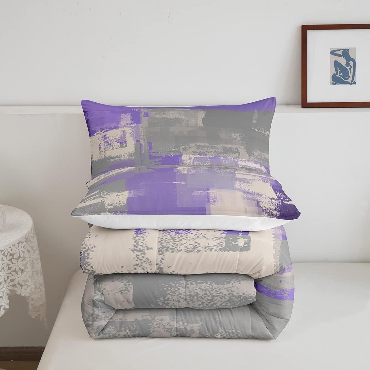 Erosebridal Juego de edredón gris morado para niños, niñas y adolescentes, juego de ropa de cama de pintura al óleo King, relleno de edredón de