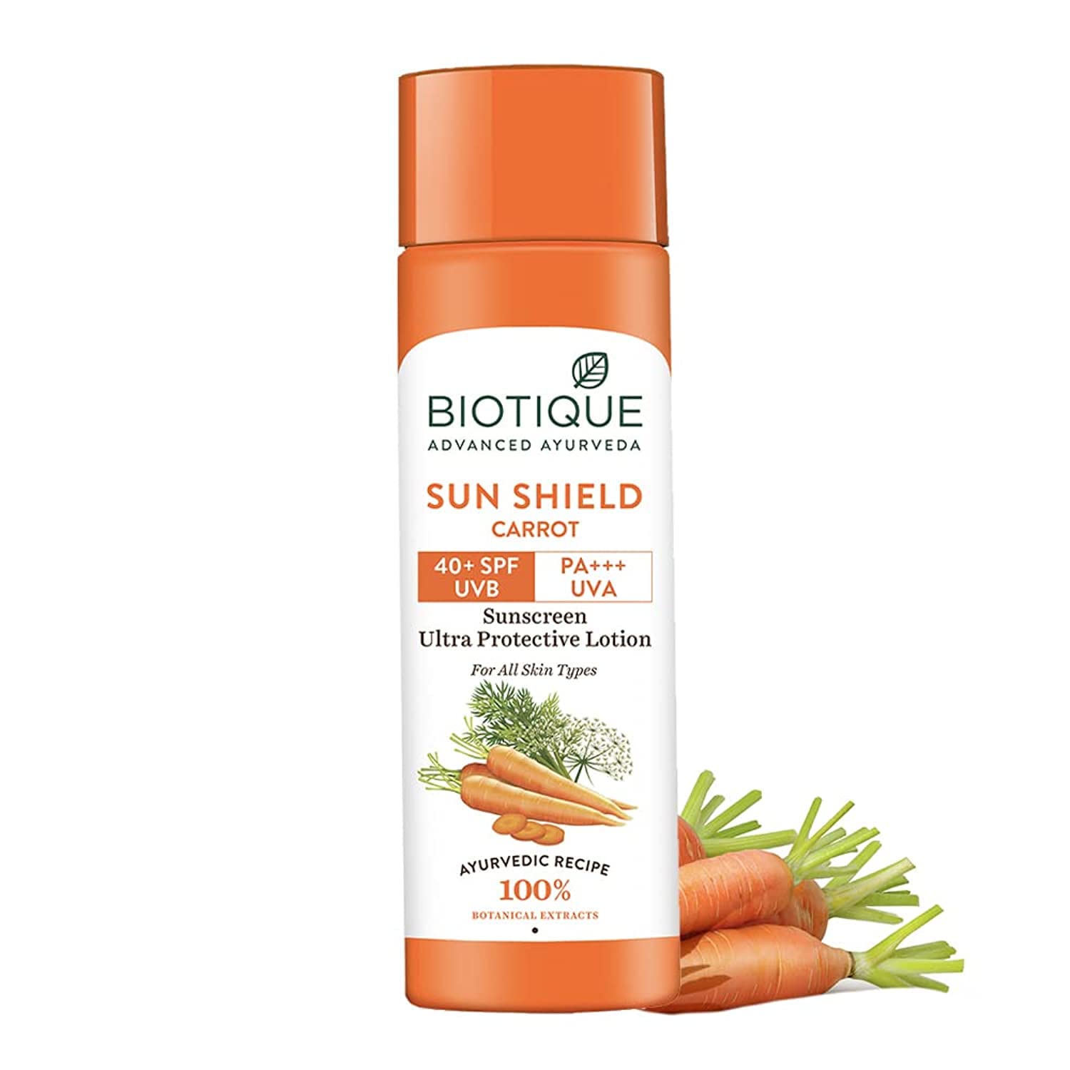 Biotique Loción solar facial y corporal SPF 40 – Zanahoria 4.1 fl oz