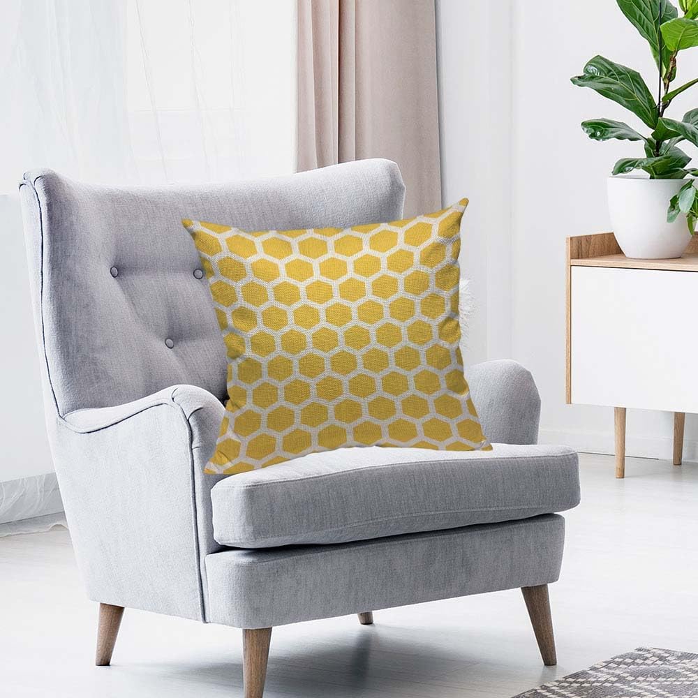 HOSNYE Funda de cojín con diseño de panales de abeja, color amarillo y blanco, patrón abstracto de algodón y lino para sofá, cama, sofá, automóvil,