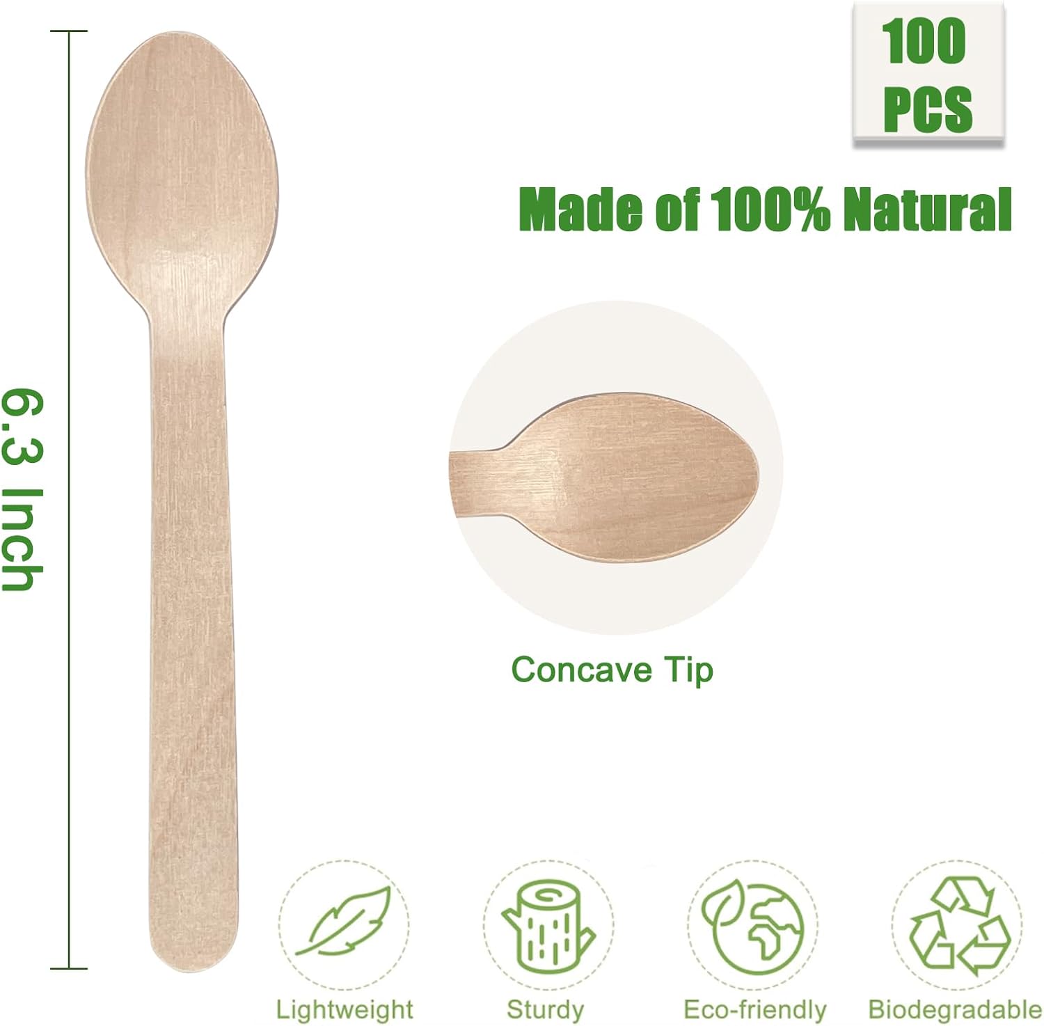 Cucharas de madera desechables, paquete de 100 cucharas de bambú biodegradables compostables de 6.3 pulgadas, utensilios de madera natural para