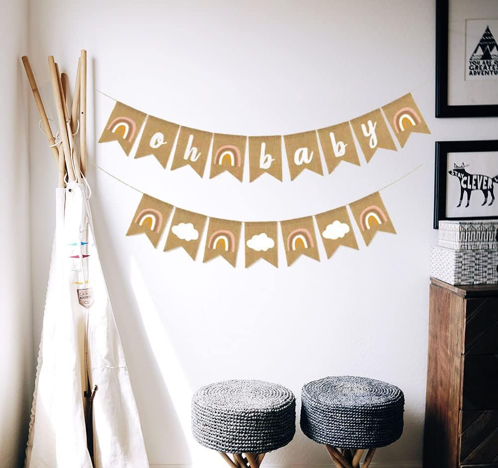 Cartel de arpillera Oh Baby Rainbow Banner ensamblado rústico bohemio para baby shower, guirnalda decorativa