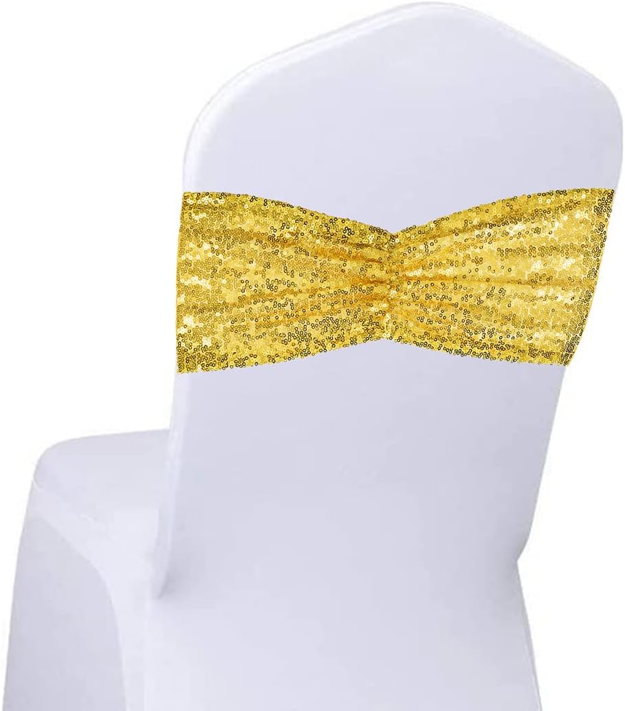 SquarePie Paquete de 20 bandas de lentejuelas para sillas con purpurina para decoración de fundas de silla, banquetes de boda, fiesta, color dorado