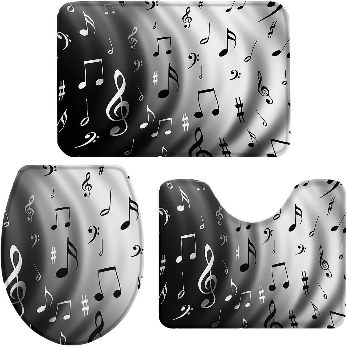 Juego de 3 alfombras de baño con nota musical, incluye tapete de contorno antideslizante, cubierta de tapa de inodoro en forma de U y tapete de baño
