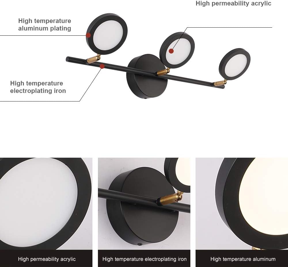 Joosenhouse Bombilla negra de 3 luces, apliques de pared LED en el baño hacia arriba o hacia abajo, lámpara de baño giratoria de 21.26 pulgadas,