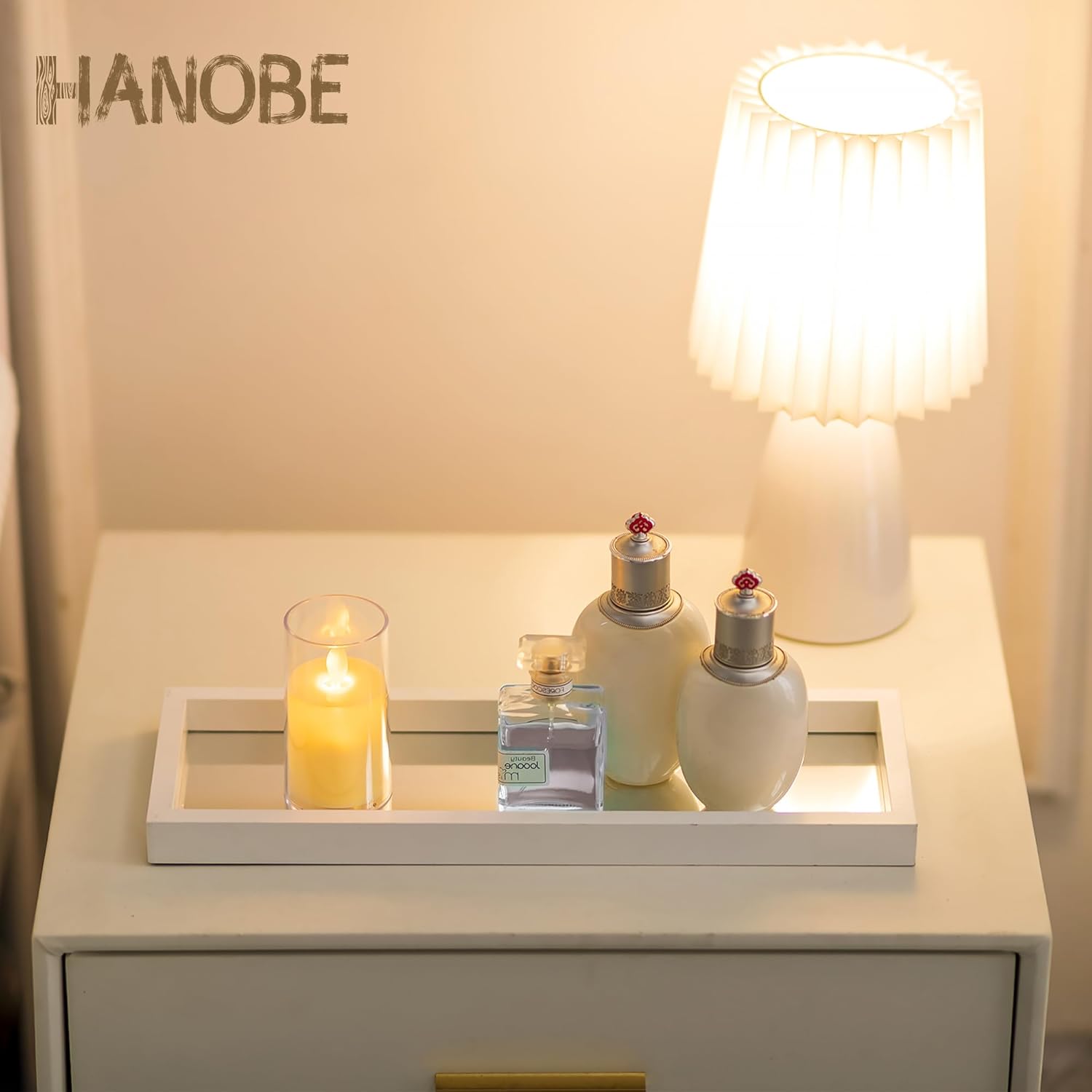 Hanobe Bandeja de perfume de tocador de baño Bandejas de espejo para mostrador de aparador, centro de mesa rectangular decorativo blanco, decoración