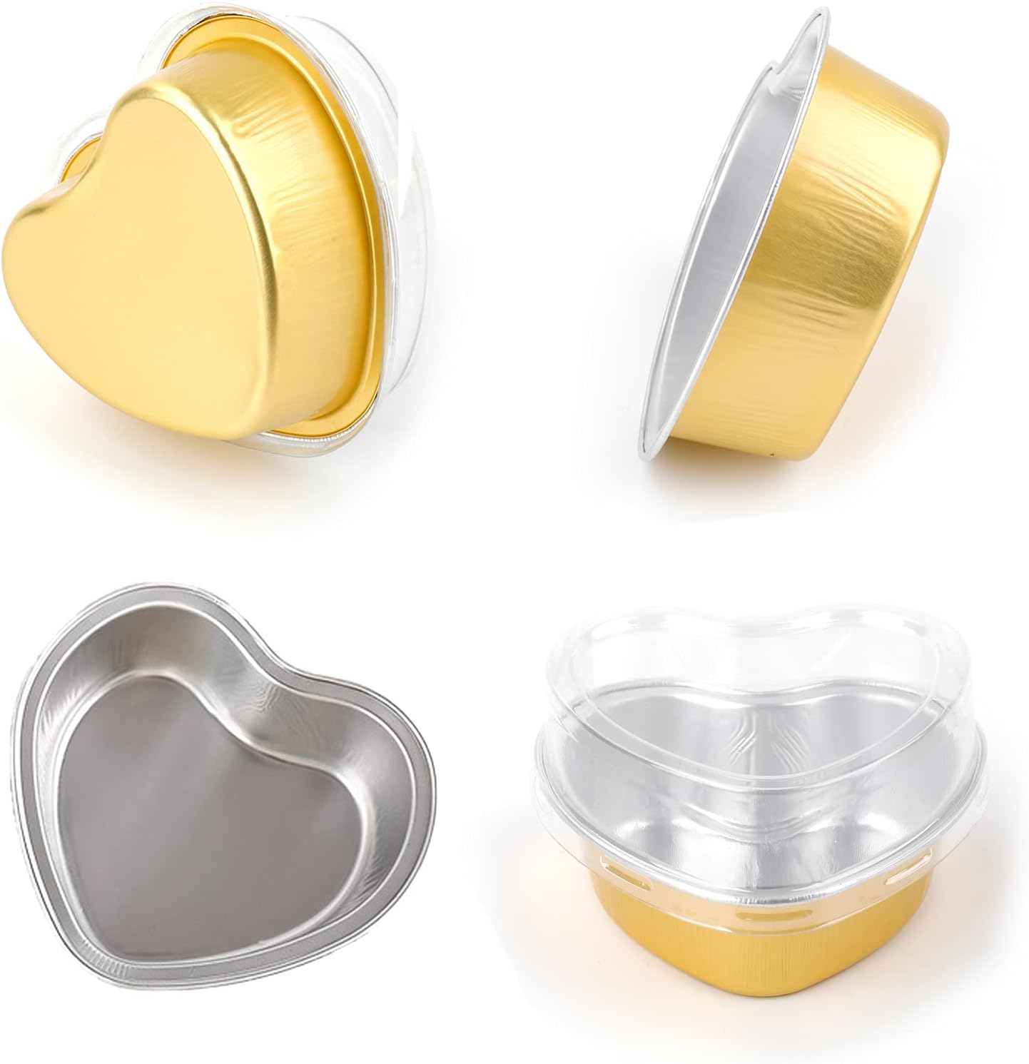 SOUJOY 100 tazas para hornear en forma de corazón, molde de papel de aluminio de 3.4 onzas con tapas, molde desechable para magdalenas de pudín para