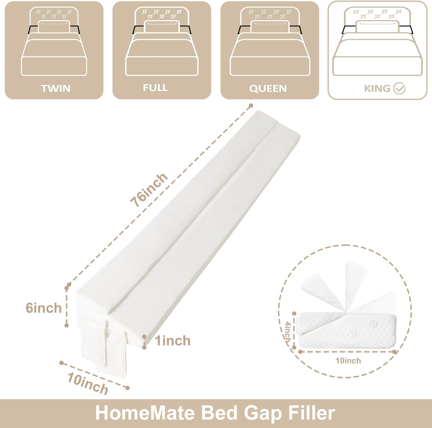Homemate Almohada plegable de cuña de cama tamaño King de 76 pulgadas para cabecero, relleno de espacio de cama mejorado entre el colchón y la