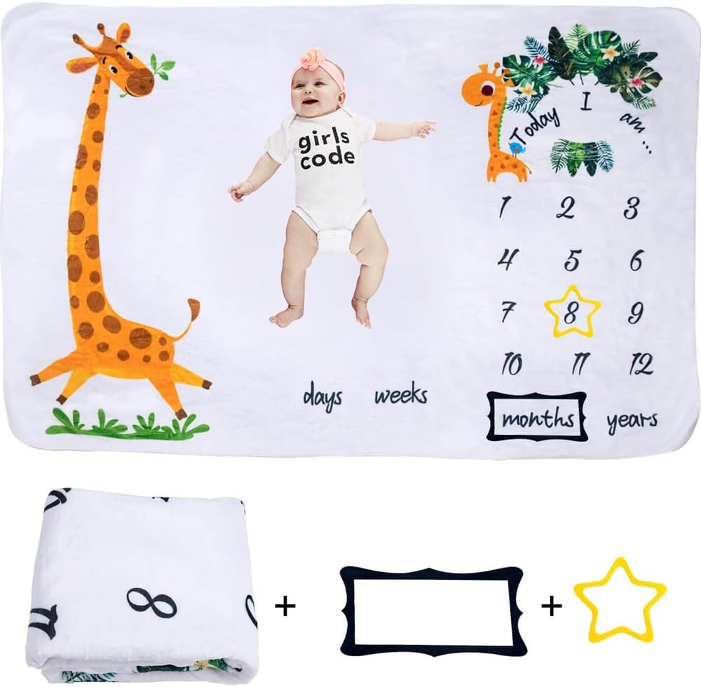 Manta de hitos para recién nacidos, manta de jirafas de 60 x 40 pulgadas, para regalos de baby shower, calendario de primer año, tabla de crecimiento