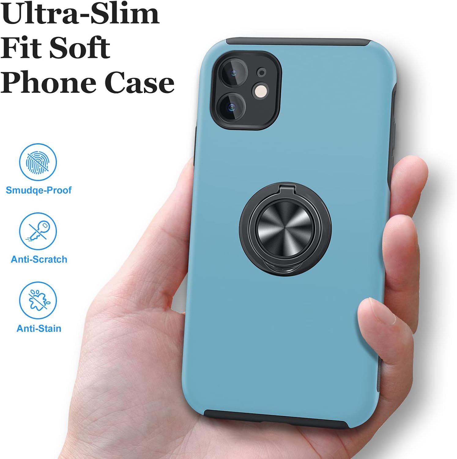 JAME Funda para iPhone 11 con protector de pantalla de vidrio templado, funda delgada y suave para iPhone 11, con soporte de anillo invisible y
