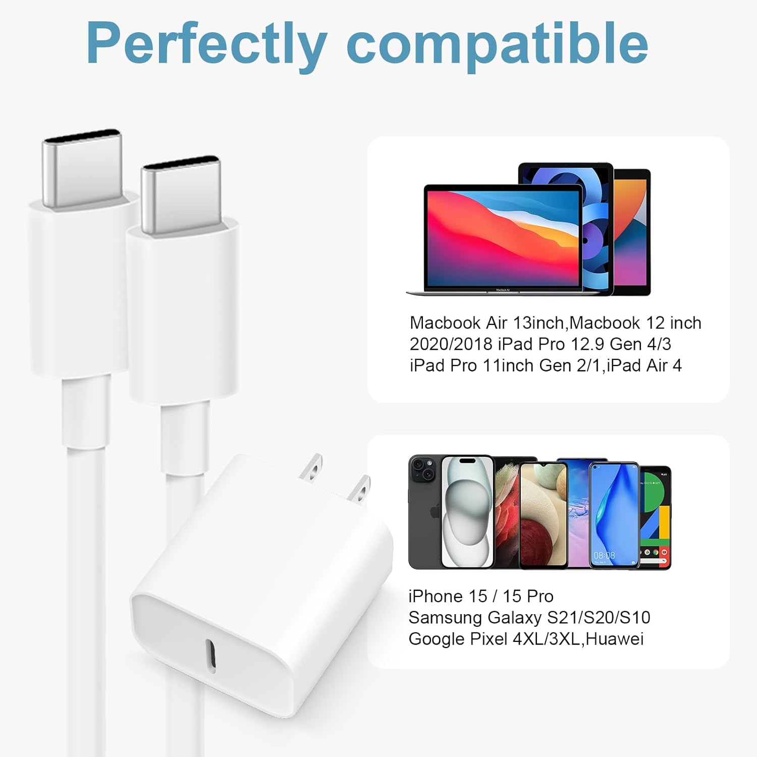 Cargador para iPhone 15 de carga rápida tipo C, cargador de pared USB C, paquete de 3 unidades de 20 W compatible con iPad