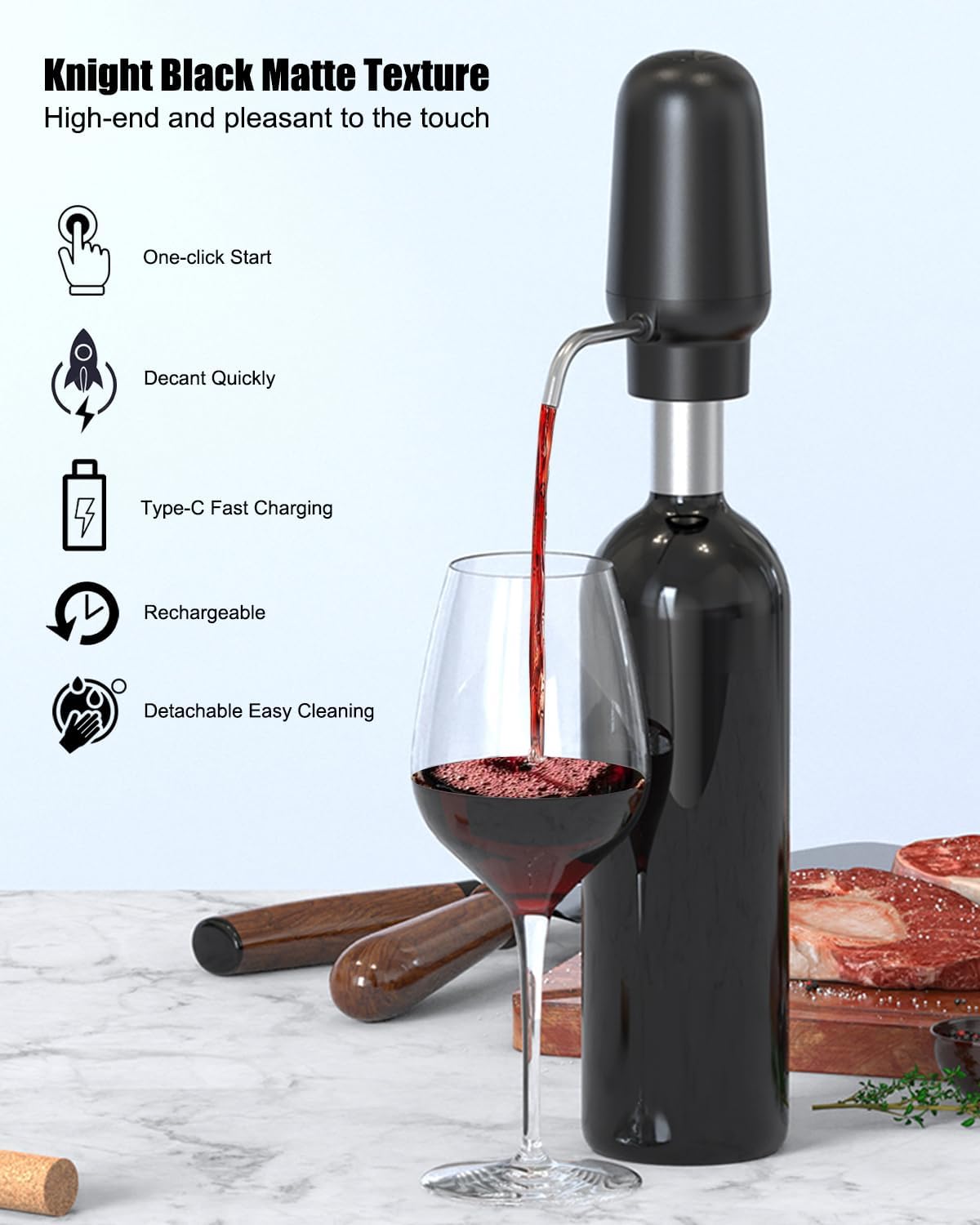 DERGUAM – Vertedor de vino eléctrico, aireador de vino recargable con 2 tapones de vino, aireador automático portátil de un botón con cortador de
