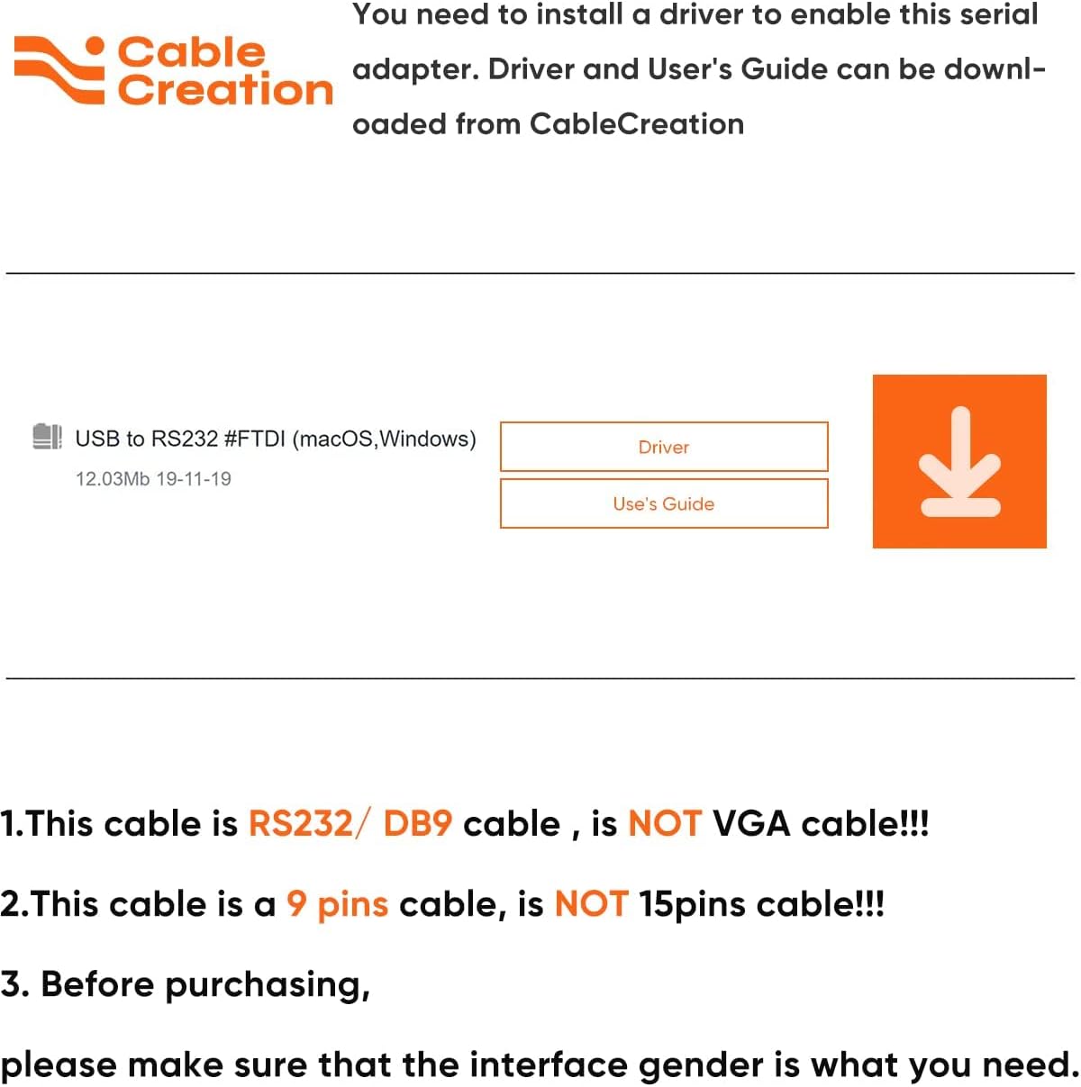 CableCreation Paquete de 2 Adaptador USB a RS232 macho con chipset PL2303, convertidor serie USB a DB9 para Windows 11, 10, 8.1, 8, 7, Linux y Mac