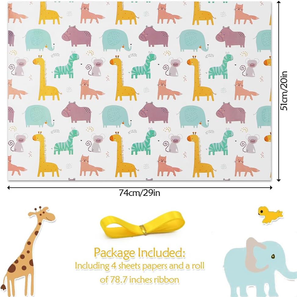 Papel de regalo de cumpleaños para niños, niñas, niños, diseño de animales de dibujos animados, papel de regalo para cumpleaños, baby shower, 4