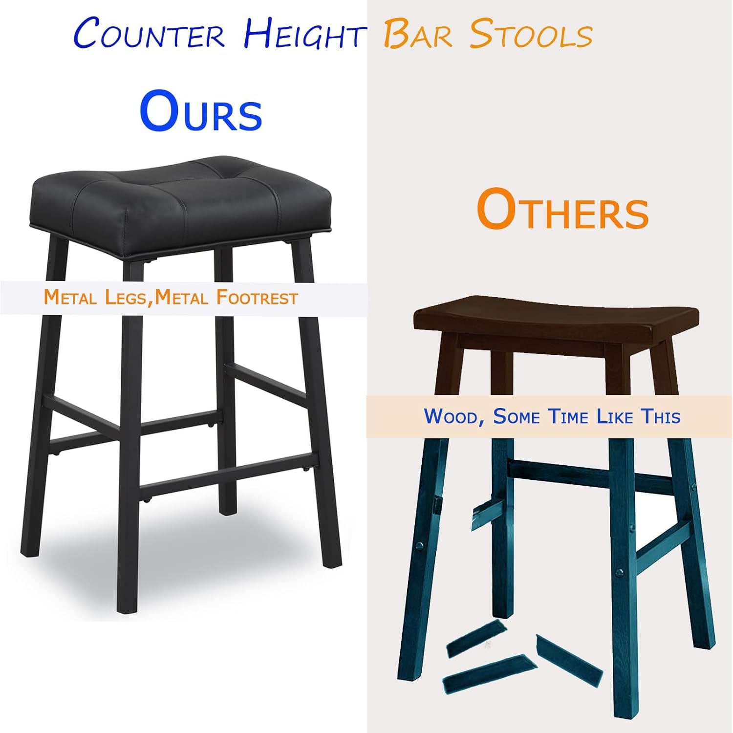 KAIRUITUCH Taburetes de bar de 24 pulgadas, taburetes de bar de cocina de altura de mostrador para bar casero, acolchado de asiento de sillín, patas