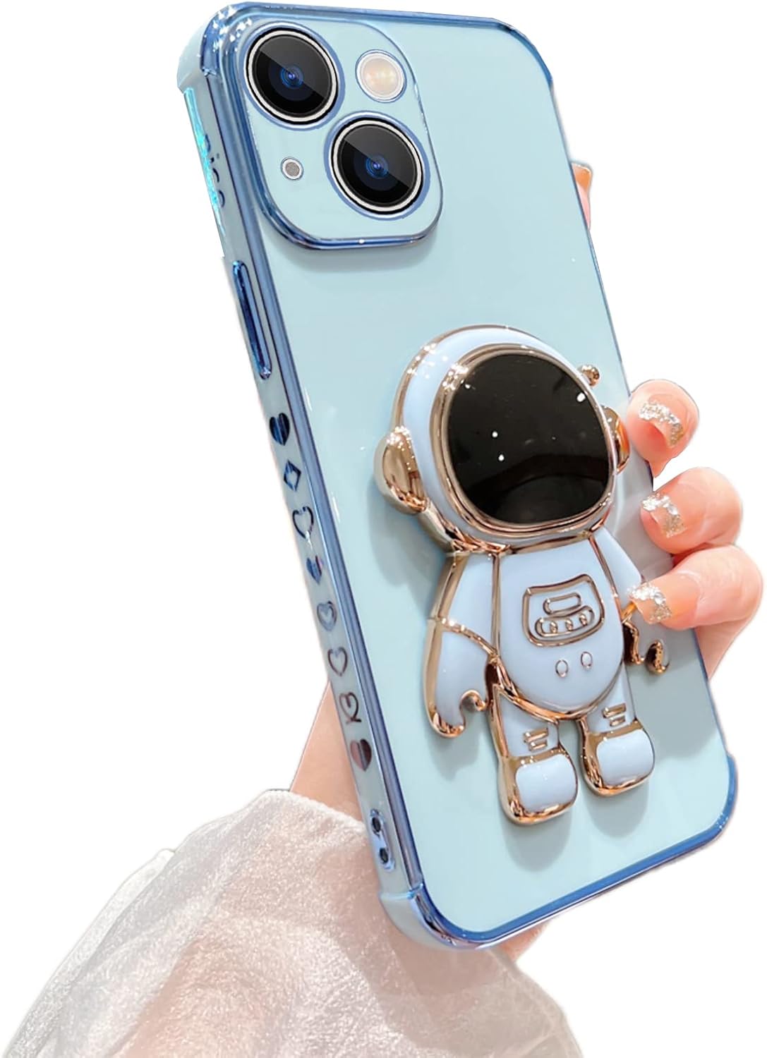 Omio – Funda compatible con iPhone 15 con soporte oculto de astronauta, funda de lujo chapado en corazón con borde lateral, pequeño patrón de amor