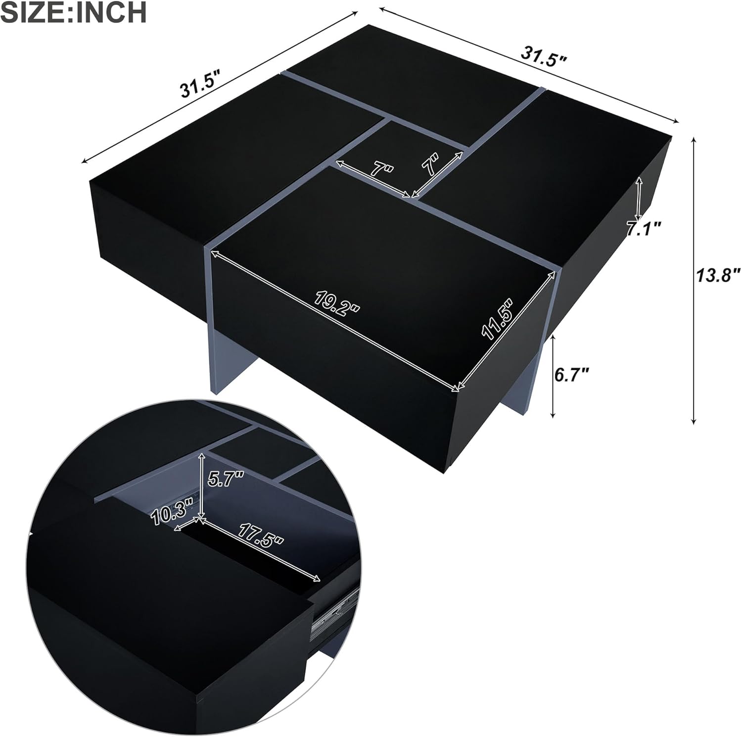 Aperturee Mesa auxiliar con 4 compartimentos de almacenamiento ocultos, mesa de cóctel cuadrada con mesa deslizante extensible, mesa central moderna