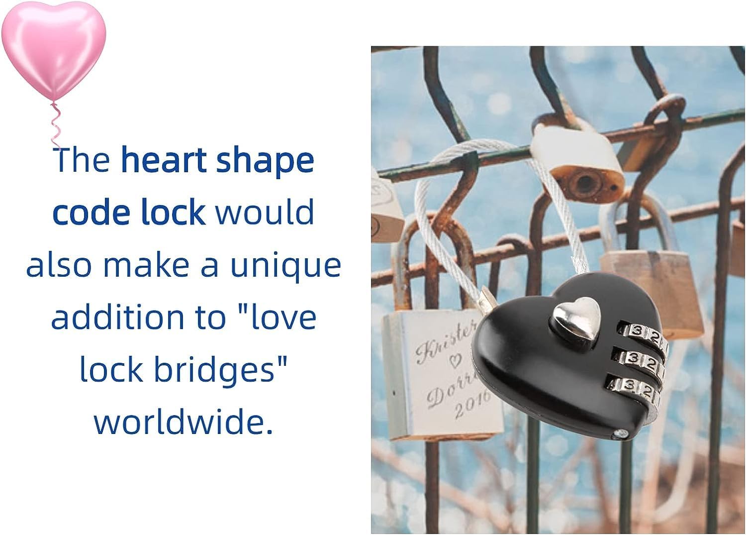 Cerradura de código en forma de corazón negro, tamaño mini compacto con combinación de código de 3 dígitos para equipaje, mochila, joyero, candados
