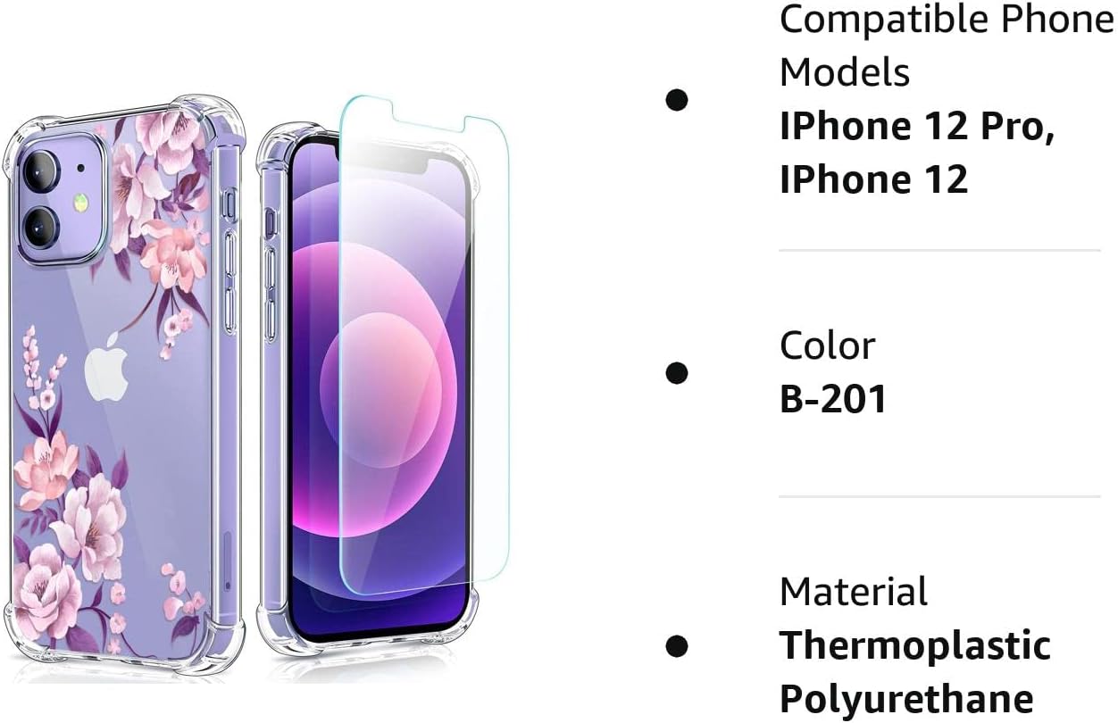XEEUE Funda transparente con diseño floral compatible con iPhone 12 y iPhone 12 Pro de 6.1 pulgadas 2020 (con protector de pantalla), funda