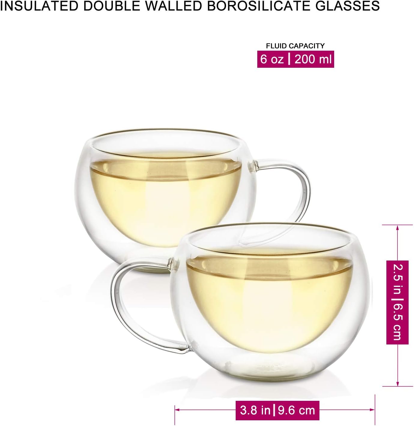 Teabloom Modern Classic – Vasos aislantes  6 oz  6.8 fl oz  Juego de 2 tazas de vidrio de doble pared para té o café