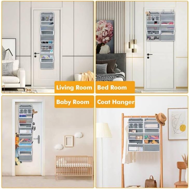 BrilliantJo 2 paquetes de 6 estantes organizadores sobre la puerta, flexible, 1 dividido en 2 (4 paquetes de 3 estantes), soporte de pared para