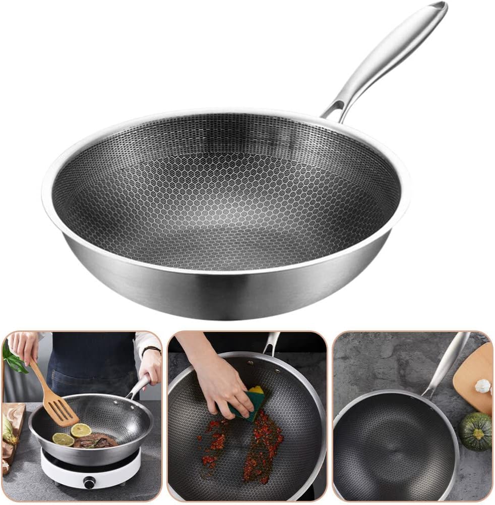 Veemoon Wok Woks de acero inoxidable para estufa de inducción, sartén para wok, sartén china antiadherente con asa, sartén para mariscos, sartén